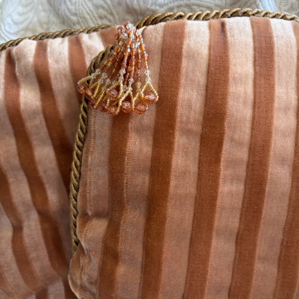 Vintage Brown Copper Gold Velvet Pillows Beaded Tassel Fringe Stripes 10